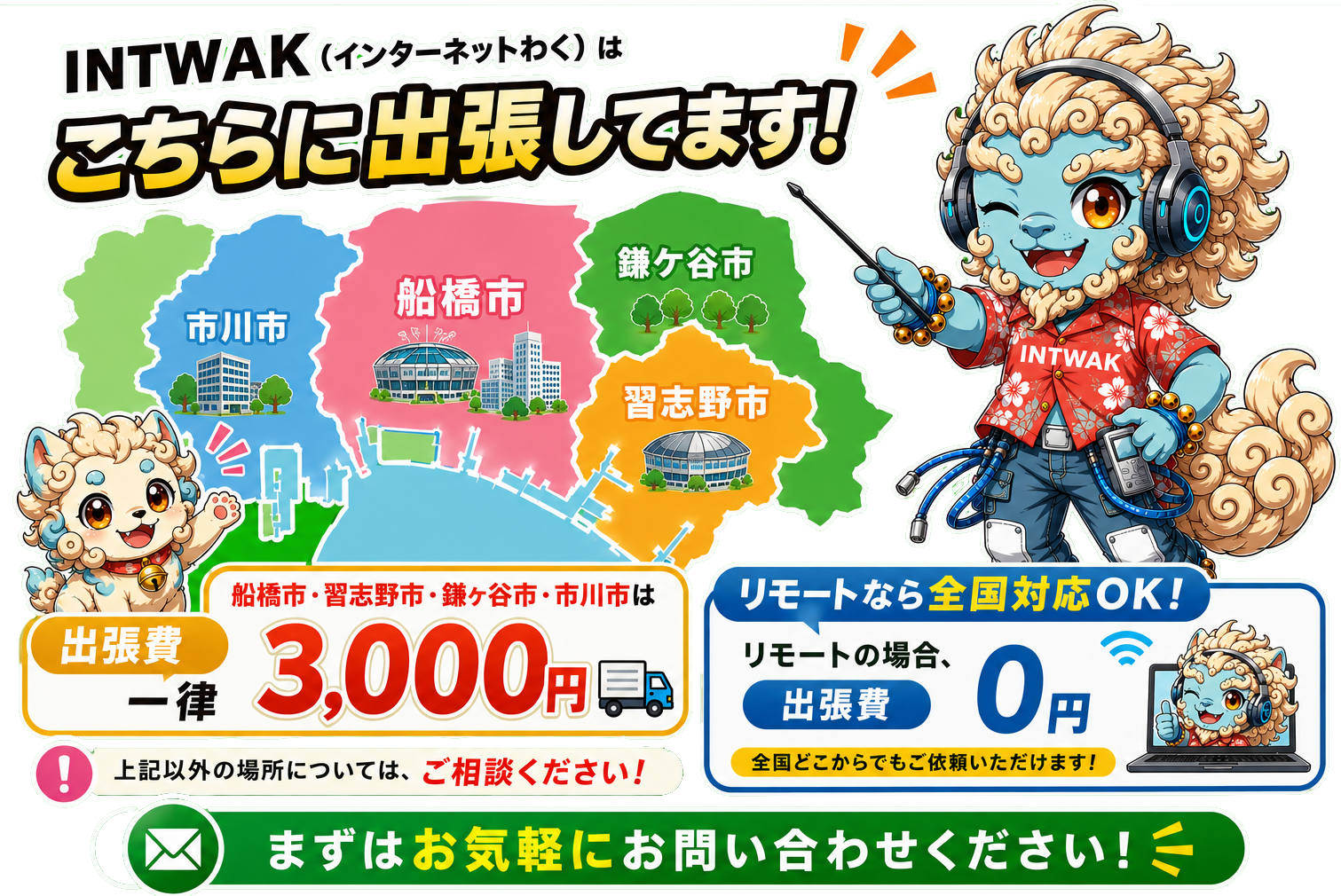 INTWAKの出張サポートエリア（船橋市・習志野市・鎌ヶ谷市・市川市）と全国対応リモートサポート