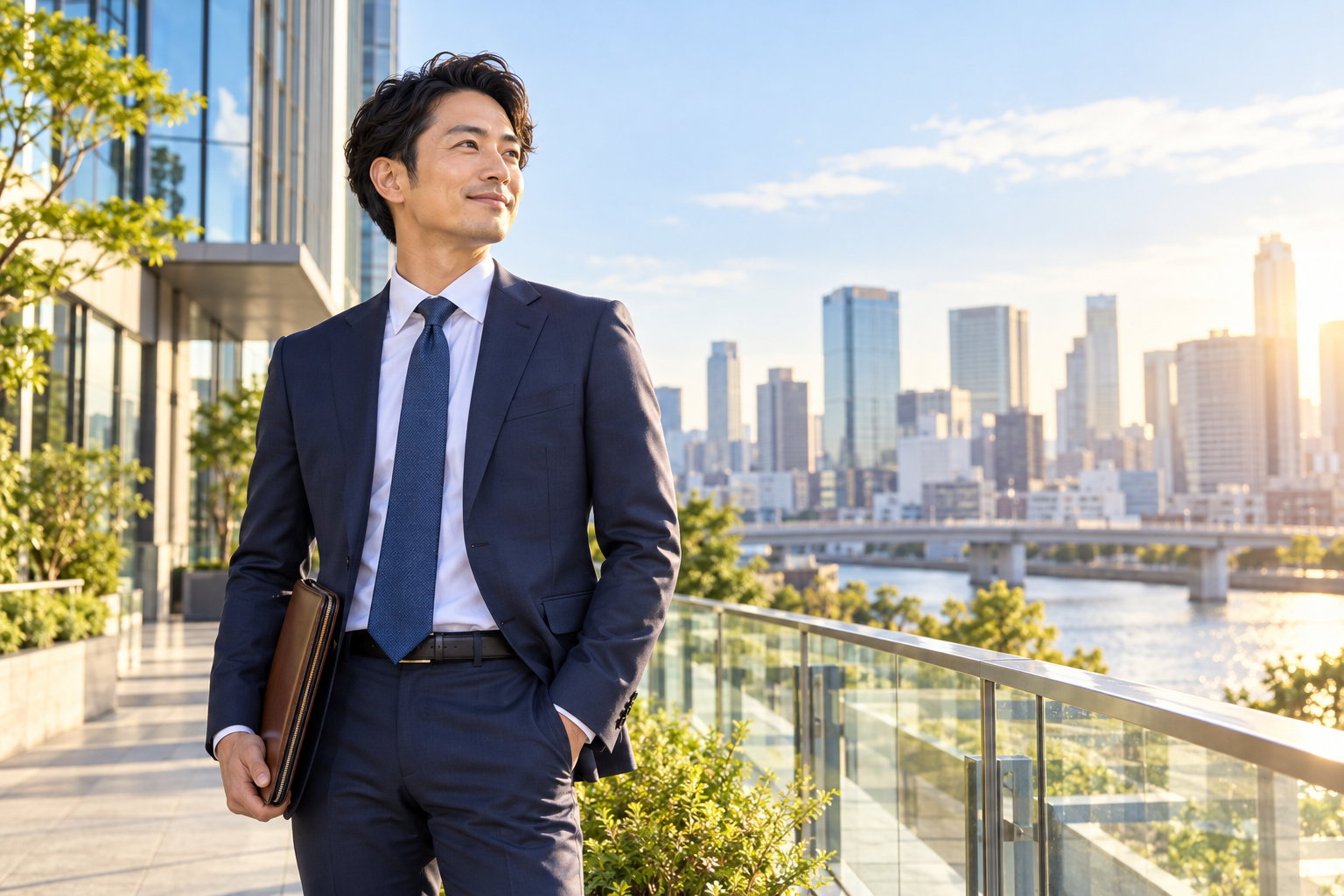 街を背景に立つ営業担当者
