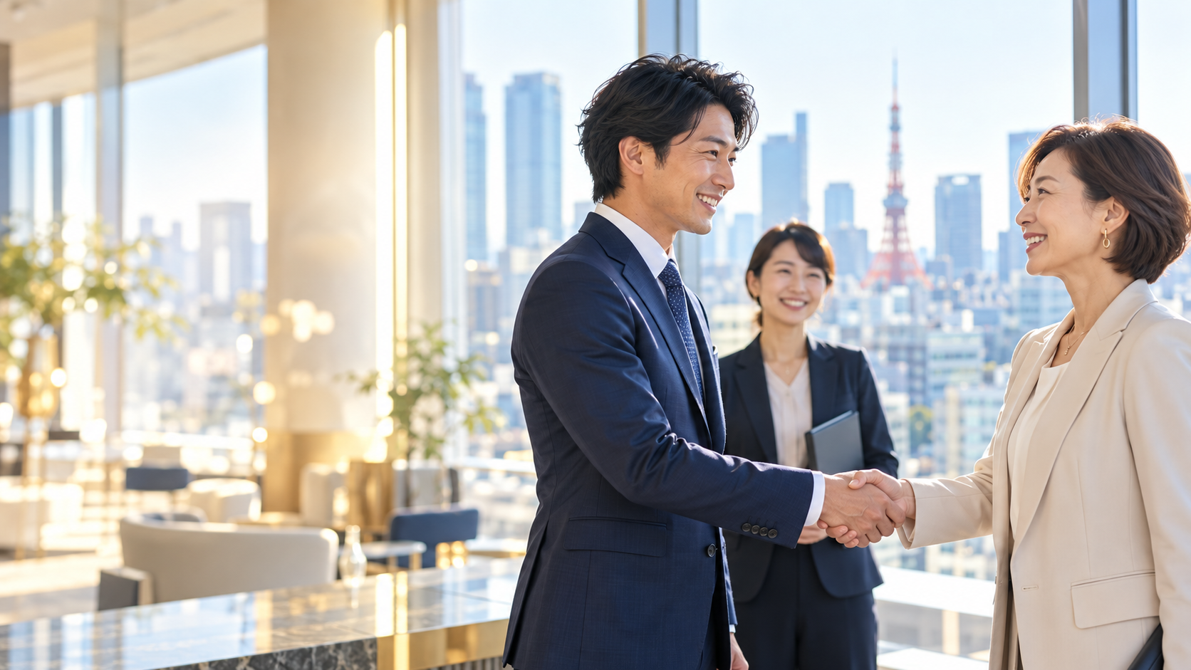 笑顔で握手するビジネスパートナー