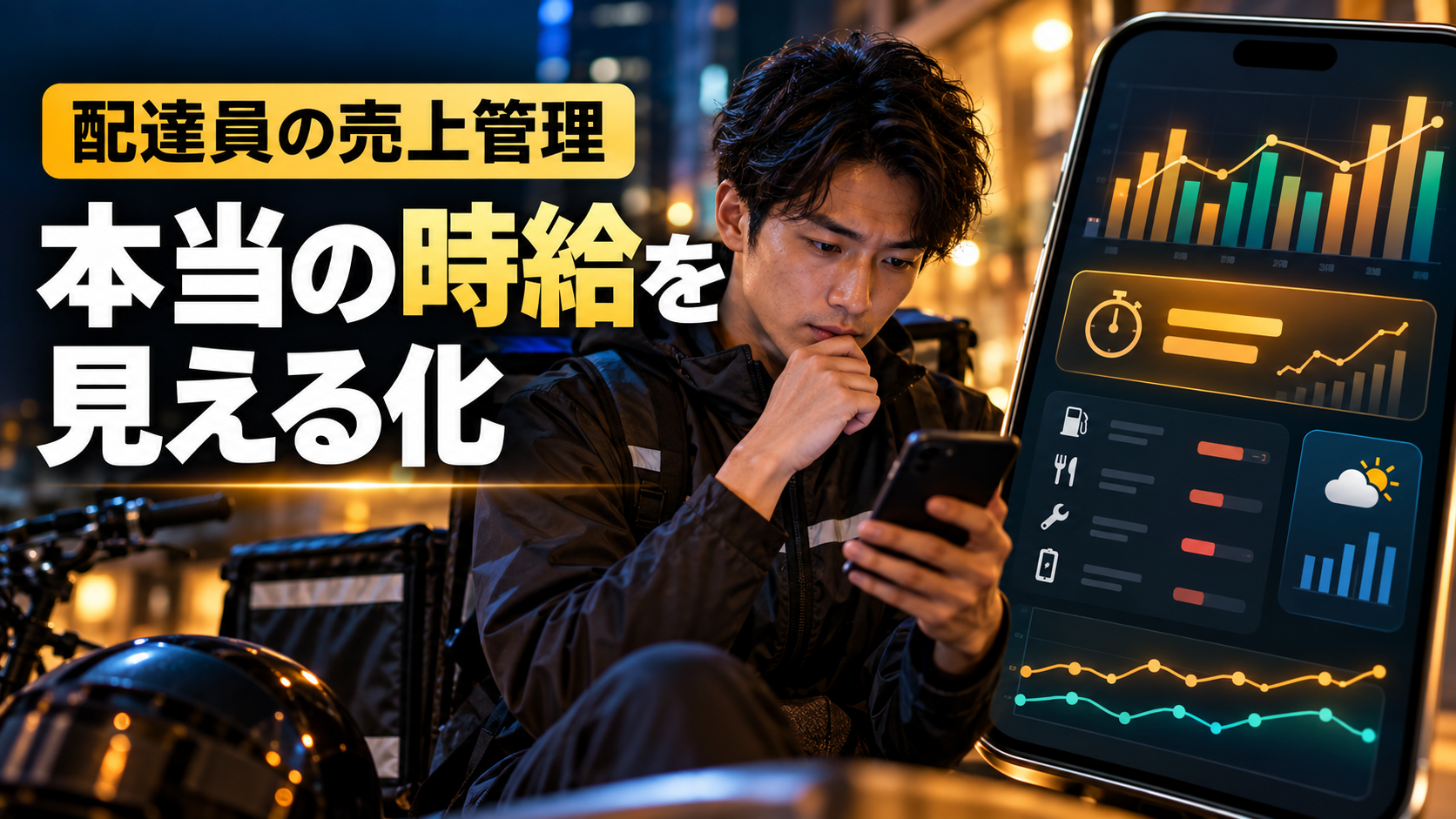 フードデリバリー配達員の売上と経費を分析するダッシュボードのイメージ