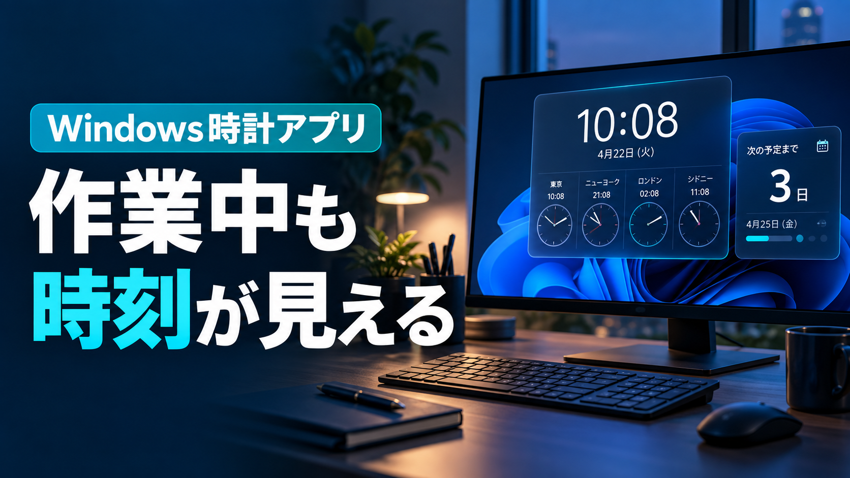 Windowsデスクトップに世界時計と予定カウントダウンを表示するイメージ