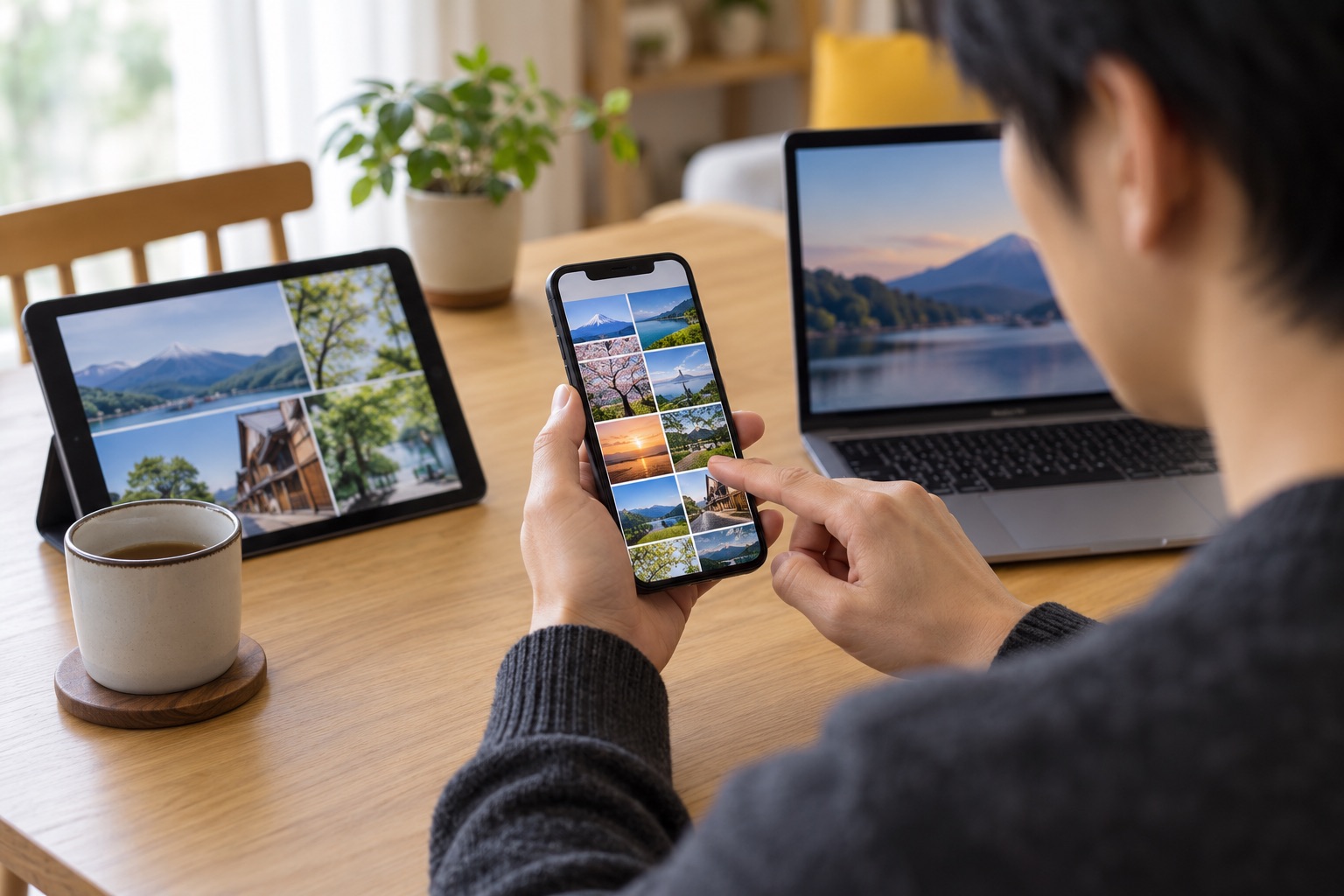 スマートフォンで写真を確認する手元と、ご家庭のPC・タブレット