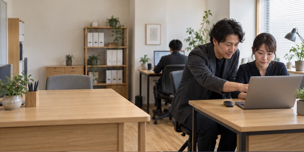 オフィスでPCを確認する様子
