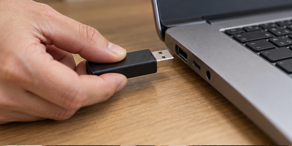 ノートPCとUSBを扱う手元